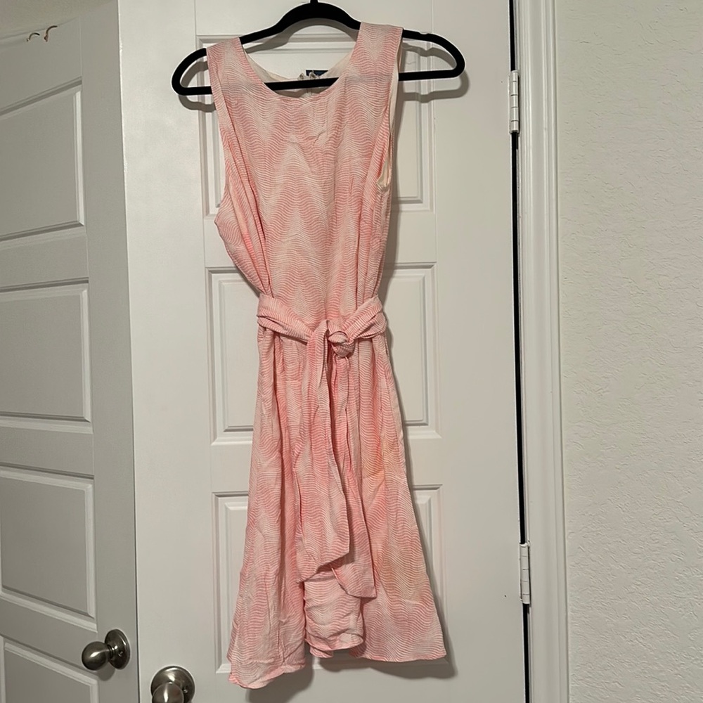 Abstract Pink and White Dress with attached tie belt
